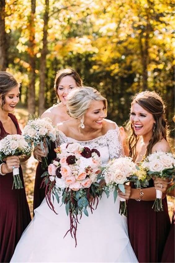 Peach and Burgundy Fall Wedding Bouquets