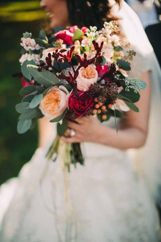 Peach and Burgundy Fall Wedding Bouquets