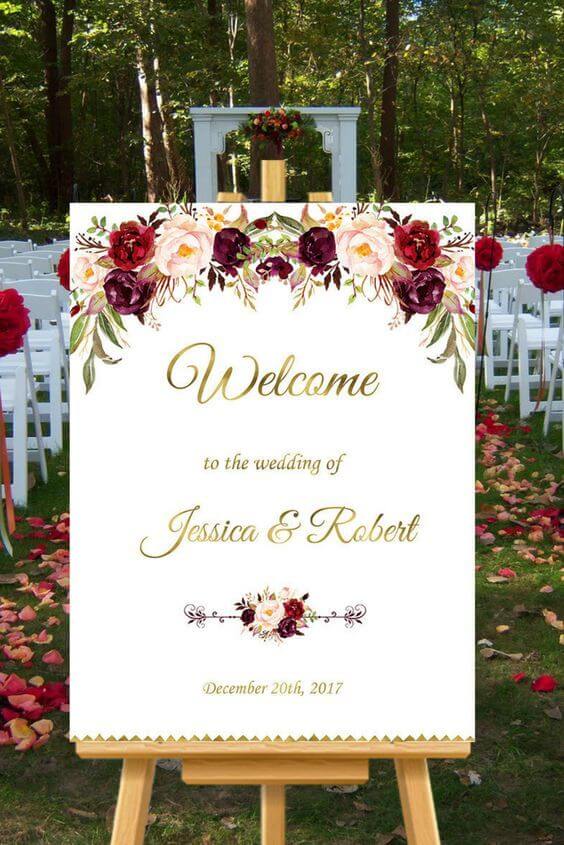 Peach and burgundy fall wedding welcome sign