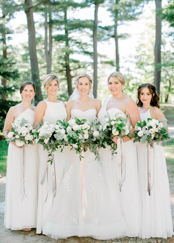 White Bridesmaid dresses for white and greenery summer wedding