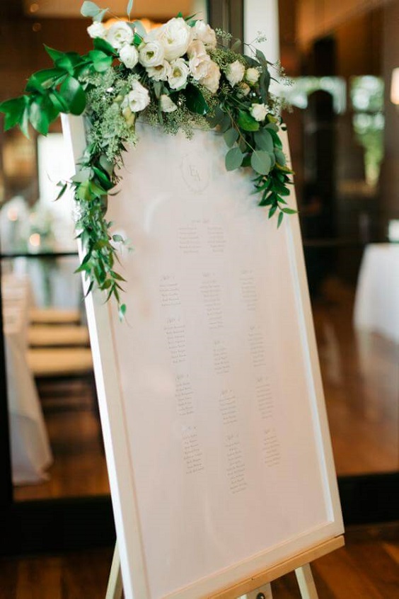 Welcom board for white and greenery summer wedding
