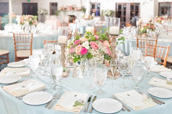 Table decorations for ice blue and hot pink summer wedding
