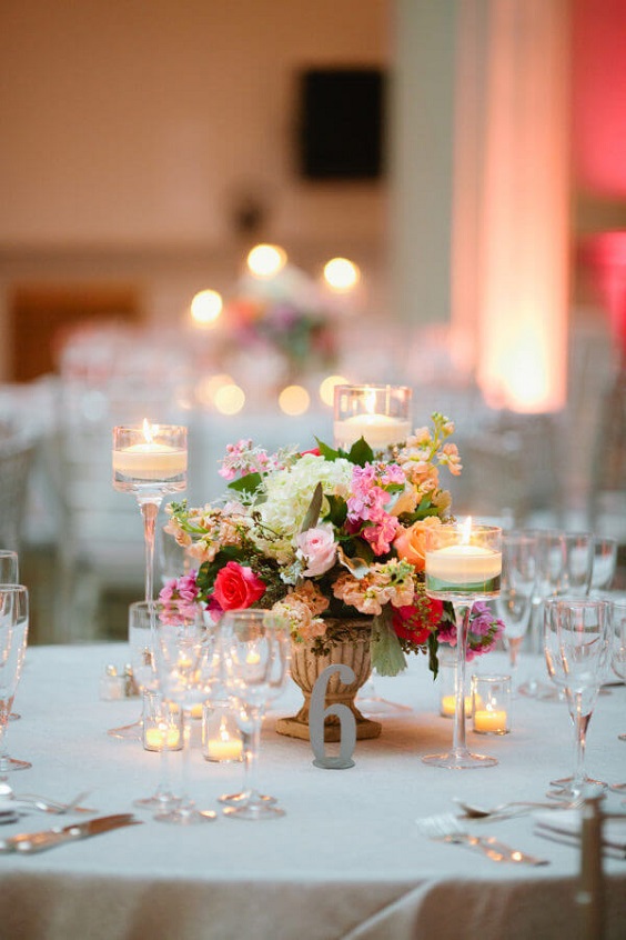 Table decorations for rose pink and grey summer wedding