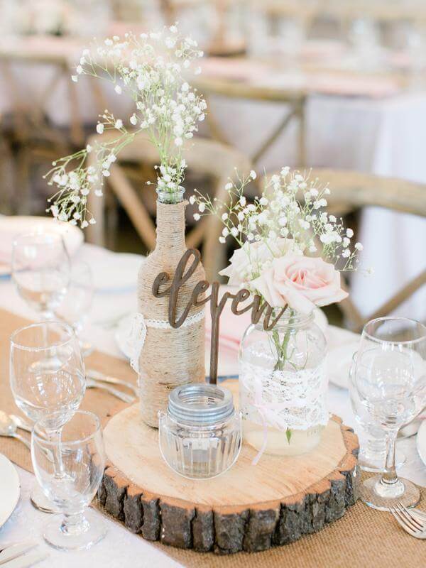 Table decorations for blush and grey summer wedding
