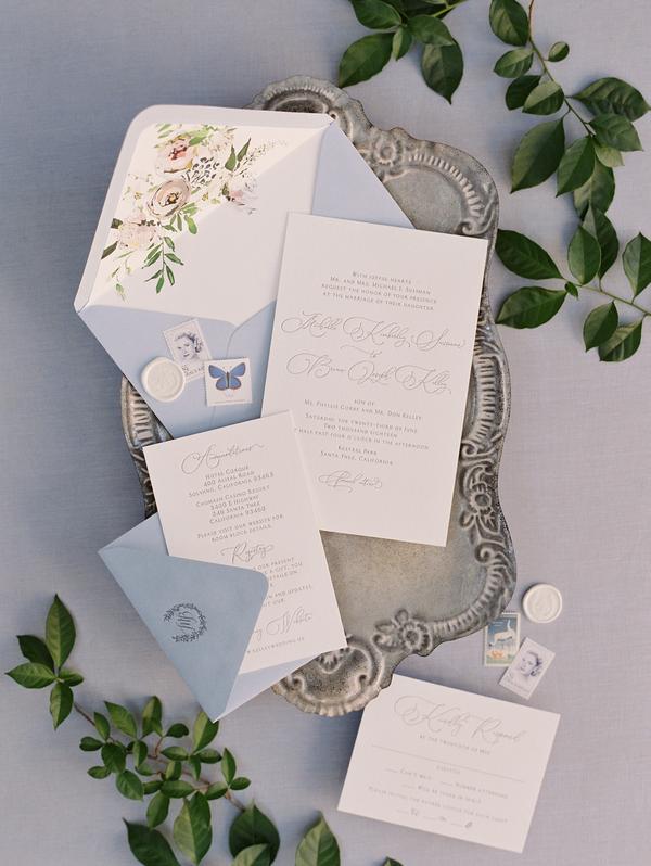 Wedding invitations for dusty blue and blush summer wedding
