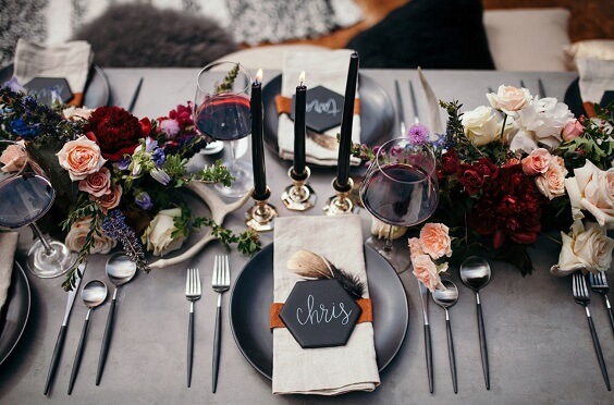 table setting for fall wedding black and burgundy 2020