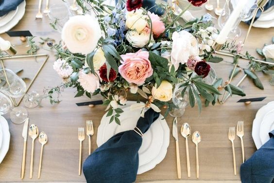 table setting for fall wedding dusty rose and navy 2020