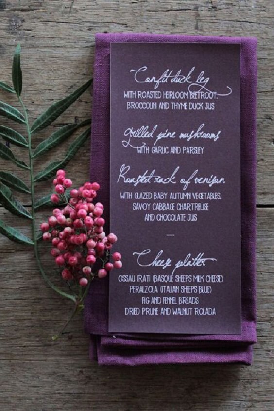 purple wedding menu for fall wedding maroon and purple 2020