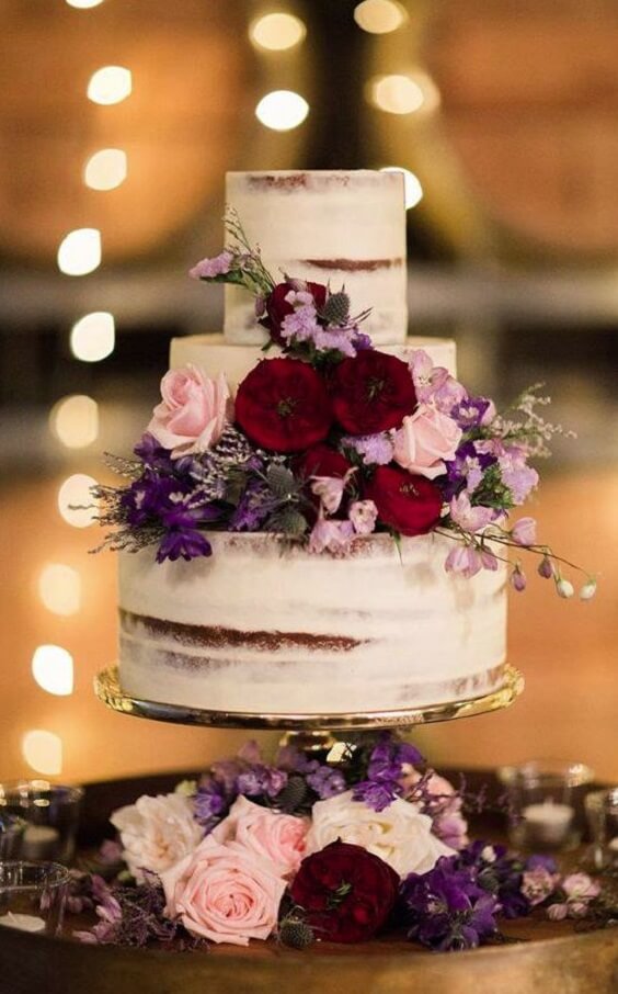 wedding cake for fall wedding maroon and purple 2020
