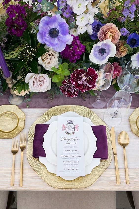 table setting for fall wedding purple and gold 2020