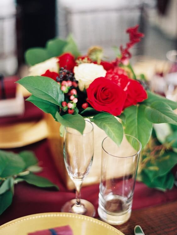 Wedding centerpieces for burgundy and navy blue winter wedding