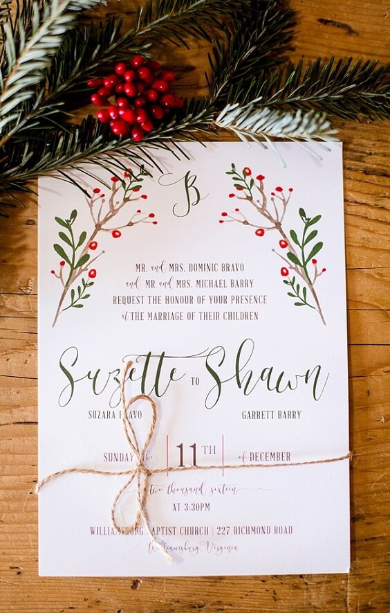 Wedding invitations for red and green winter wedding