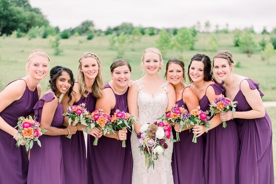 Purple bridesmaid dresses for purple and persimmon winter wedding