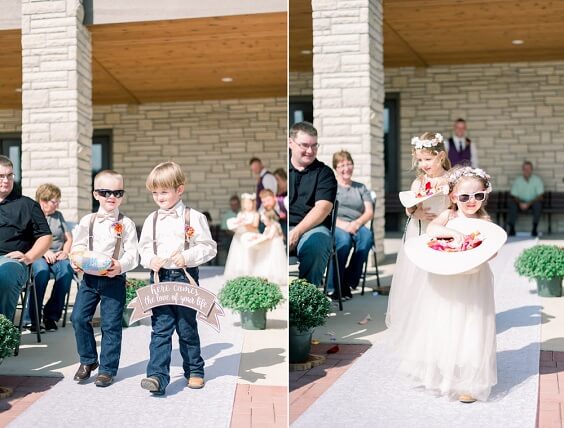 Ring bearer and flower girls for purple and persimmon winter wedding