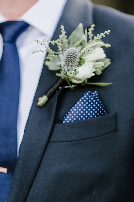Deep blue groom suit for navy blue and burgundy winter wedding