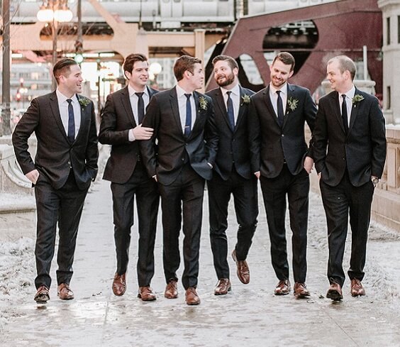 Deep blue suits for navy blue and burgundy winter wedding