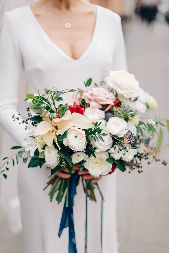 Bridal bouquets for navy blue and burgundy winter wedding