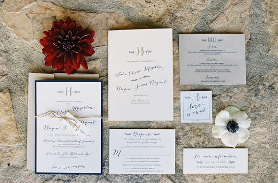 Wedding invitations for navy blue and burgundy winter wedding