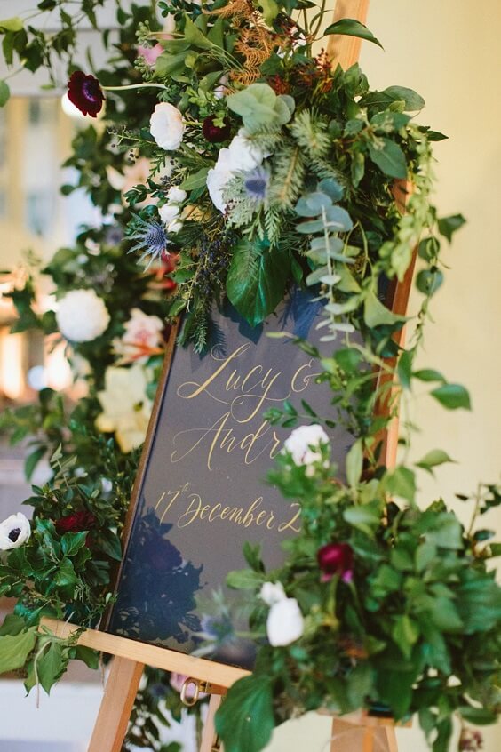 Wedding welcome board for navy blue and burgundy winter wedding
