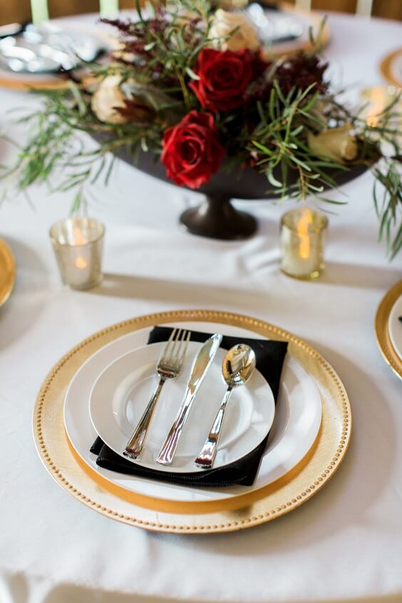 Table decorations for Black and Burgundy winter wedding
