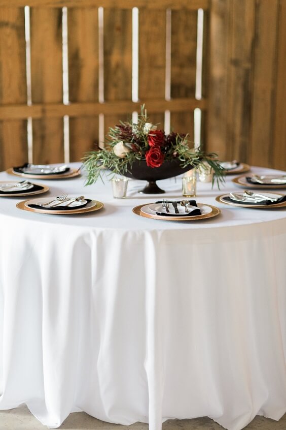Table decorations for Black and Burgundy winter wedding