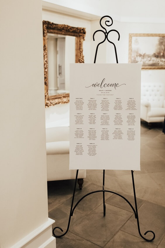 Seating chart for Illusion blue and black winter wedding