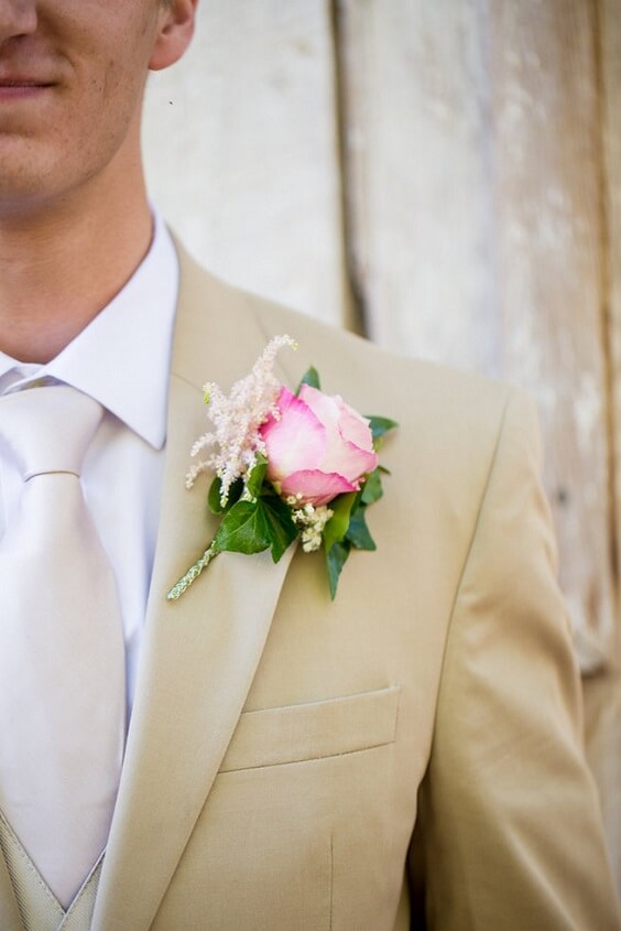 Khaki suit for pink and greenery March wedding