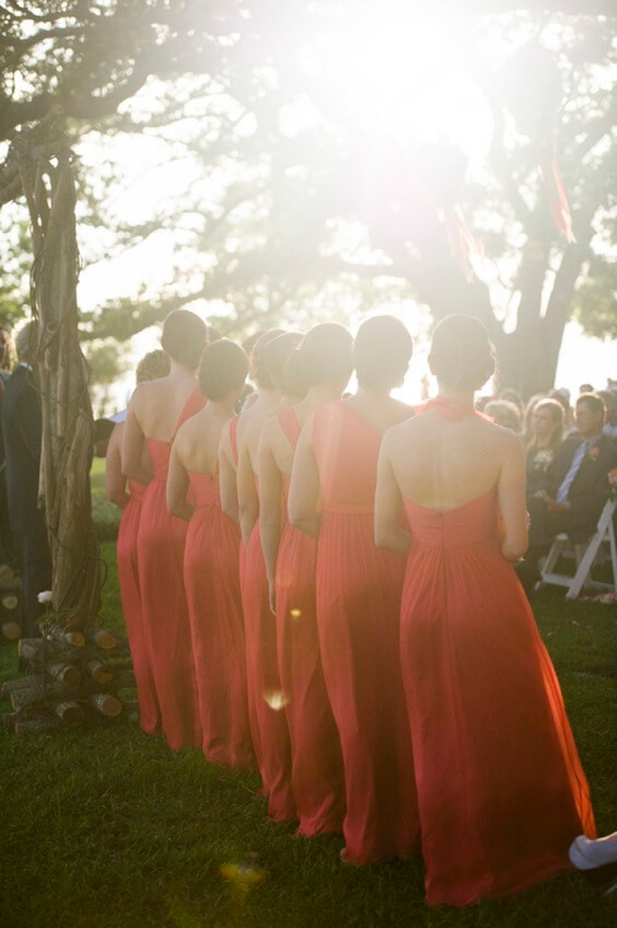 Coral bridesmaid dresses for coral and yellow March wedding