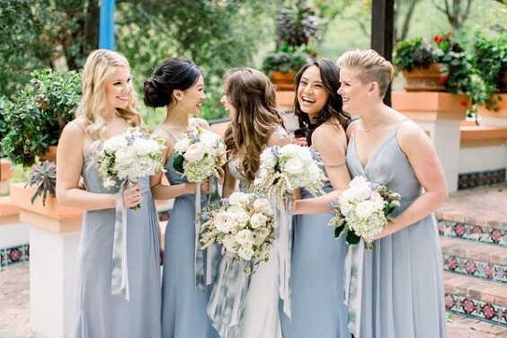 Dusty blue bridesmaid dresses for dusty blue and pink March wedding