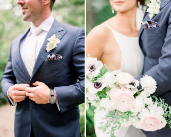 Navy suits for dusty blue and pink March wedding