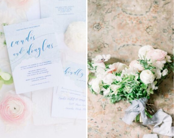 Wedding invitations and wedding bouquets for dusty blue and pink March wedding
