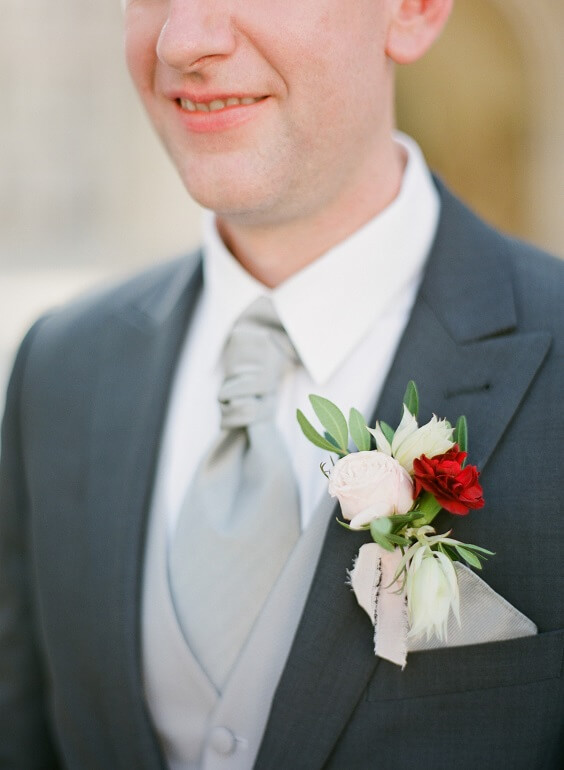 Grey suit for blush and burgundy March wedding