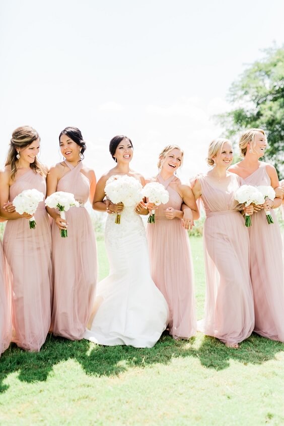 Blush bridesmaid dresses for blush and white March wedding