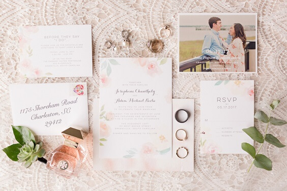 Wedding invitations for blush and white March wedding