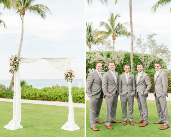 Grey suits for blush and peach June wedding