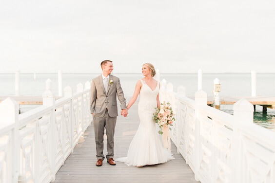 Grey groom suits for blush and peach June wedding