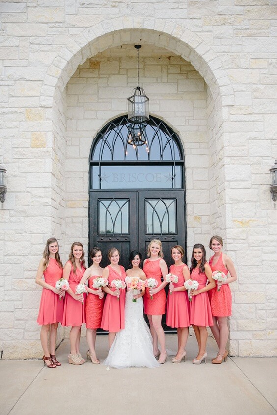 Coral bridesmaid dresses for coral and mint June wedding