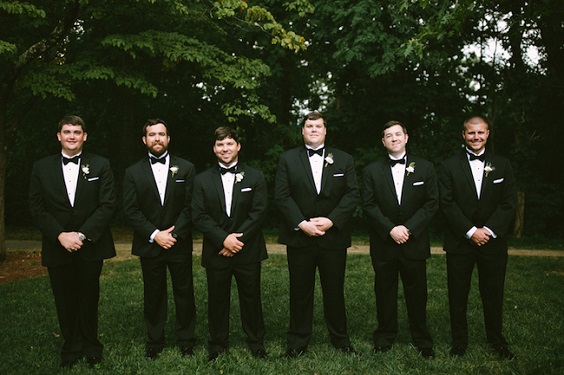 Black suits for dusty blue, blush and burgundy June wedding