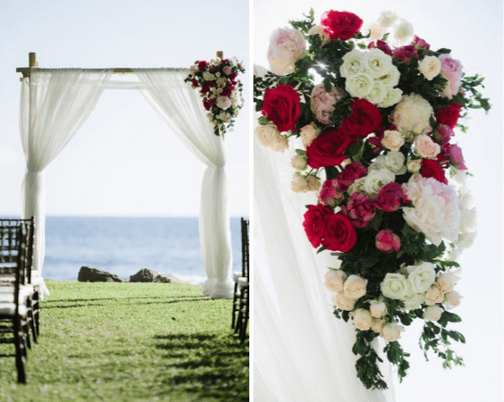 Wedding arch decorations for dusty blue, blush and burgundy June wedding