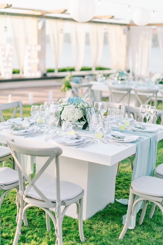 Wedding table decoratins for Ice Blue and White June Wedding 2020