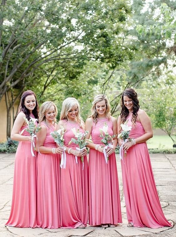 Coral bridesmaid dresses for Coral Peach and Grey June Wedding 2020