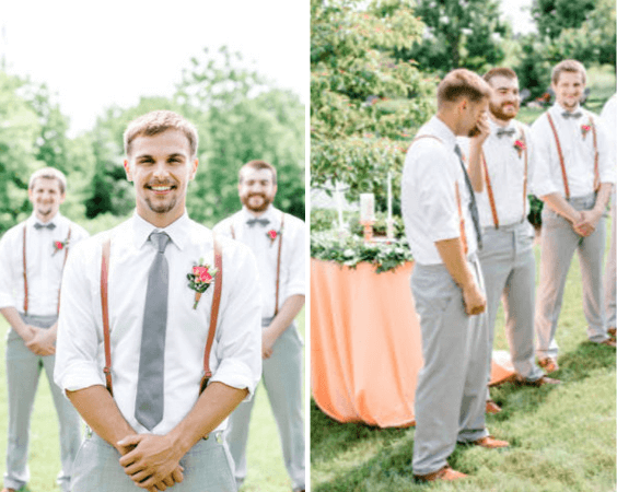 Groom and groomsmen wearing for Coral Peach and Grey June Wedding 2020