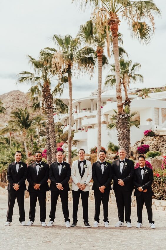 Groom groomsmen suits for Peach and White May Wedding 2020