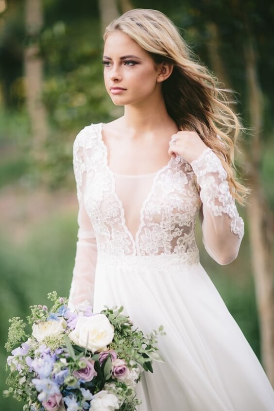 White bridal gown for Pastel lilac, lavender and grey September wedding 2020