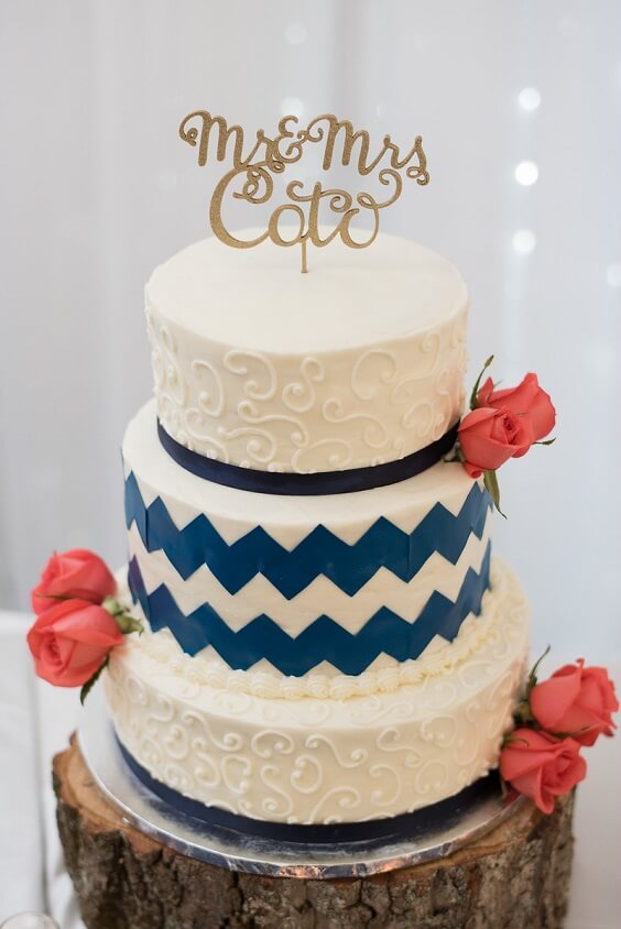 Wedding cake for Navy Blue, Coral and Grey September Wedding 2020