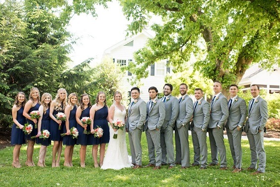 Wedding party wearing for Navy Blue, Coral and Grey September Wedding 2020