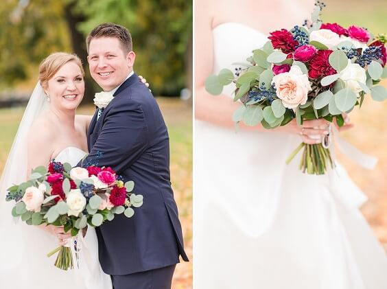 Wedding bouquets for Burgundy, Peach and Blue September Wedding 2020