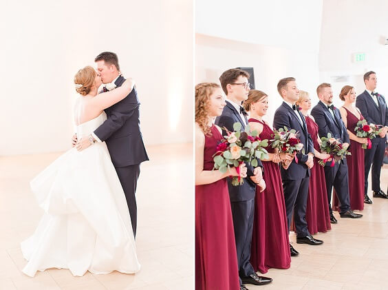 Wedding party wearing for Burgundy, Peach and Blue September Wedding 2020