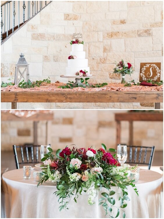 Wedding reception decorations for Burgundy, Peach and Blue September Wedding 2020