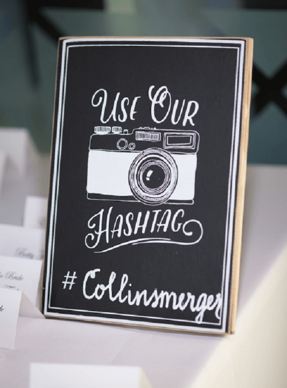 Hashtag board for Champagne, Blush and Black September Wedding 2020